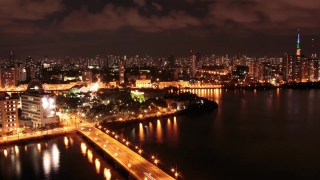 Night, City, Bridge, River, Waterfront, Building