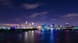Waterfront, City, Night, Skyline, Architecture, Cityscape